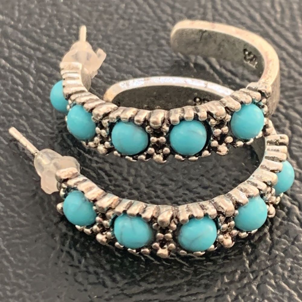 Western Hopi Navajo Style Faux Turquoise & Sterling Silver 925 Hoop Earrings NEW